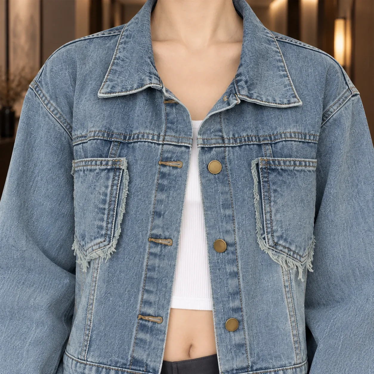 Camille Cropped Denim Jacket - Blue detail photograph