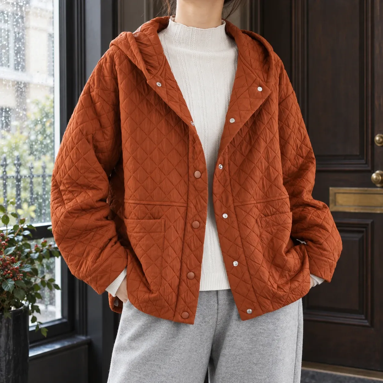 Solene Quilted Hood Jacket - Orange Red lead photograph
