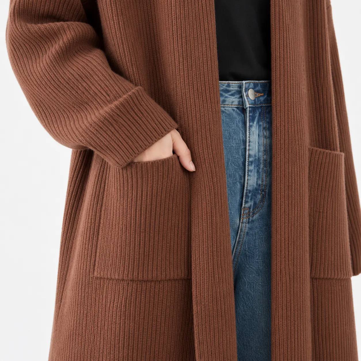 Noemie Longline Cardigan in Caramel: detail photograph