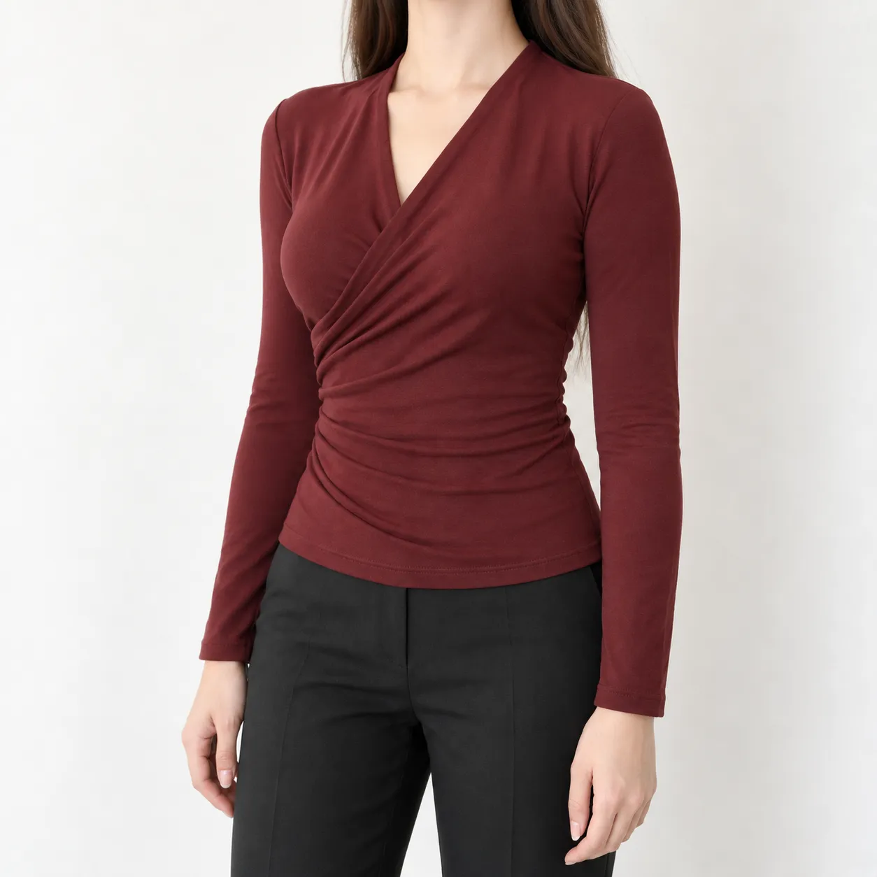 Mara Wrap-Effect Top in Burgundy: alternate photograph
