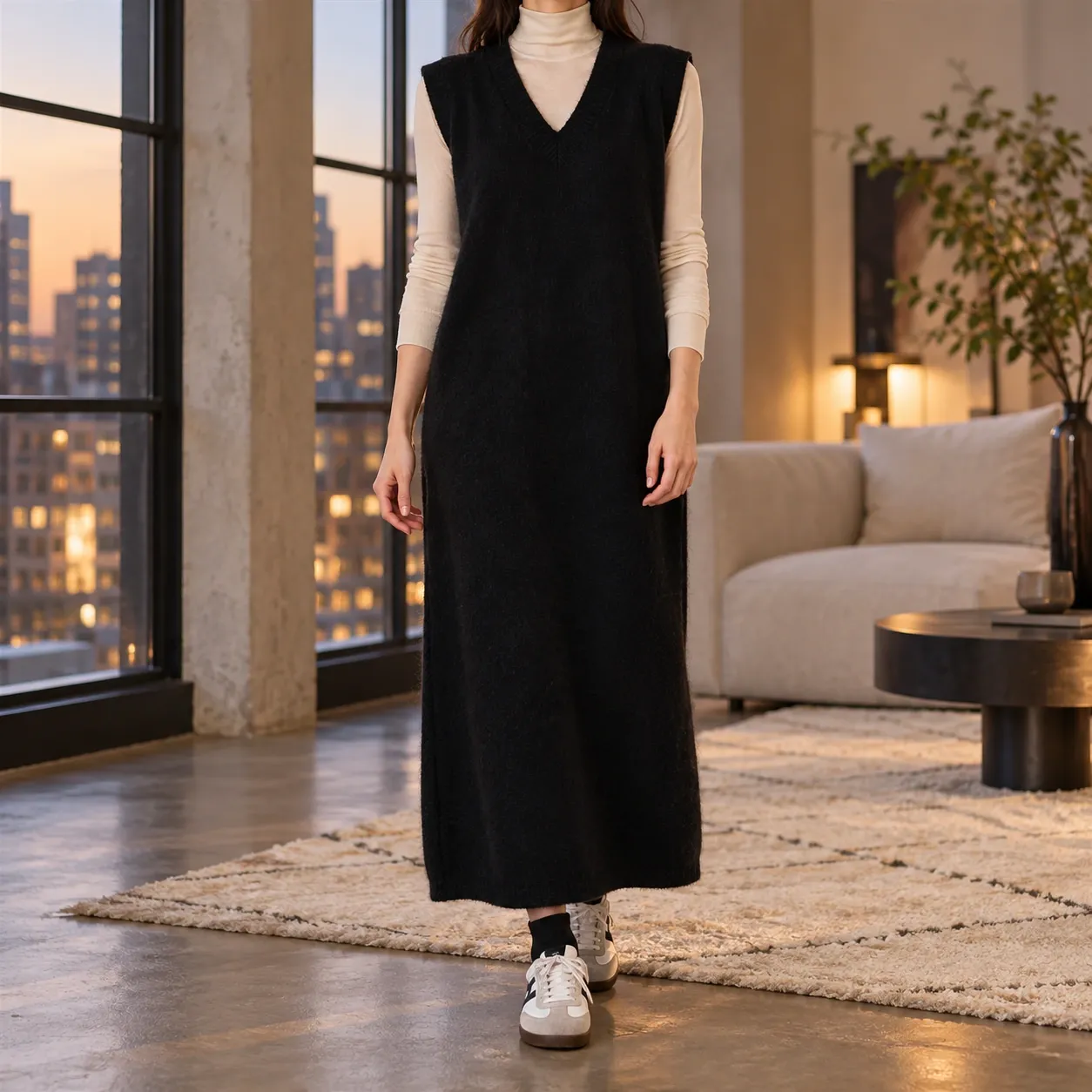 Bertille V-Neck Knit Dress - Black front fit; styling accessories not included